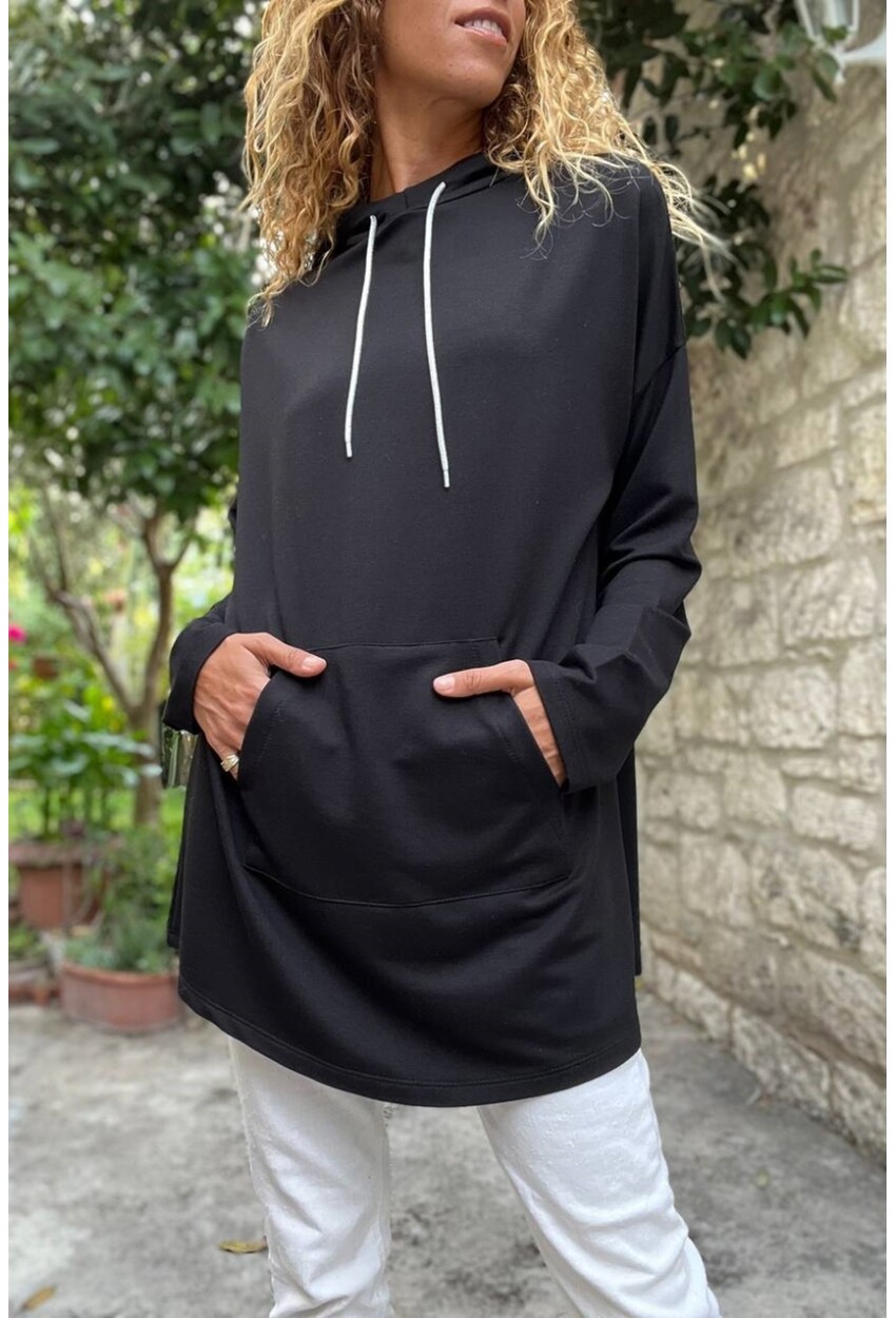 Kadın Siyah Kapüşonlu Kanguru Cep Uzun Salaş Sweatshirt Bst3476