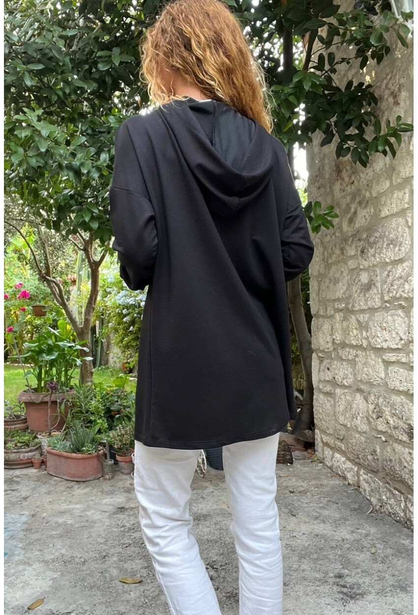 Kadın Siyah Kapüşonlu Kanguru Cep Uzun Salaş Sweatshirt Bst3476