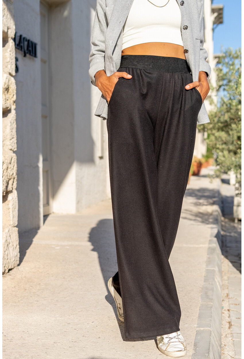 Kadın Siyah Kaşe Beli Lastikli Bol Paça Pantolon Bst3274