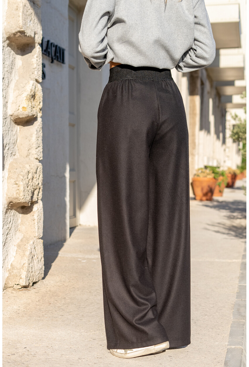 Kadın Siyah Kaşe Beli Lastikli Bol Paça Pantolon Bst3274