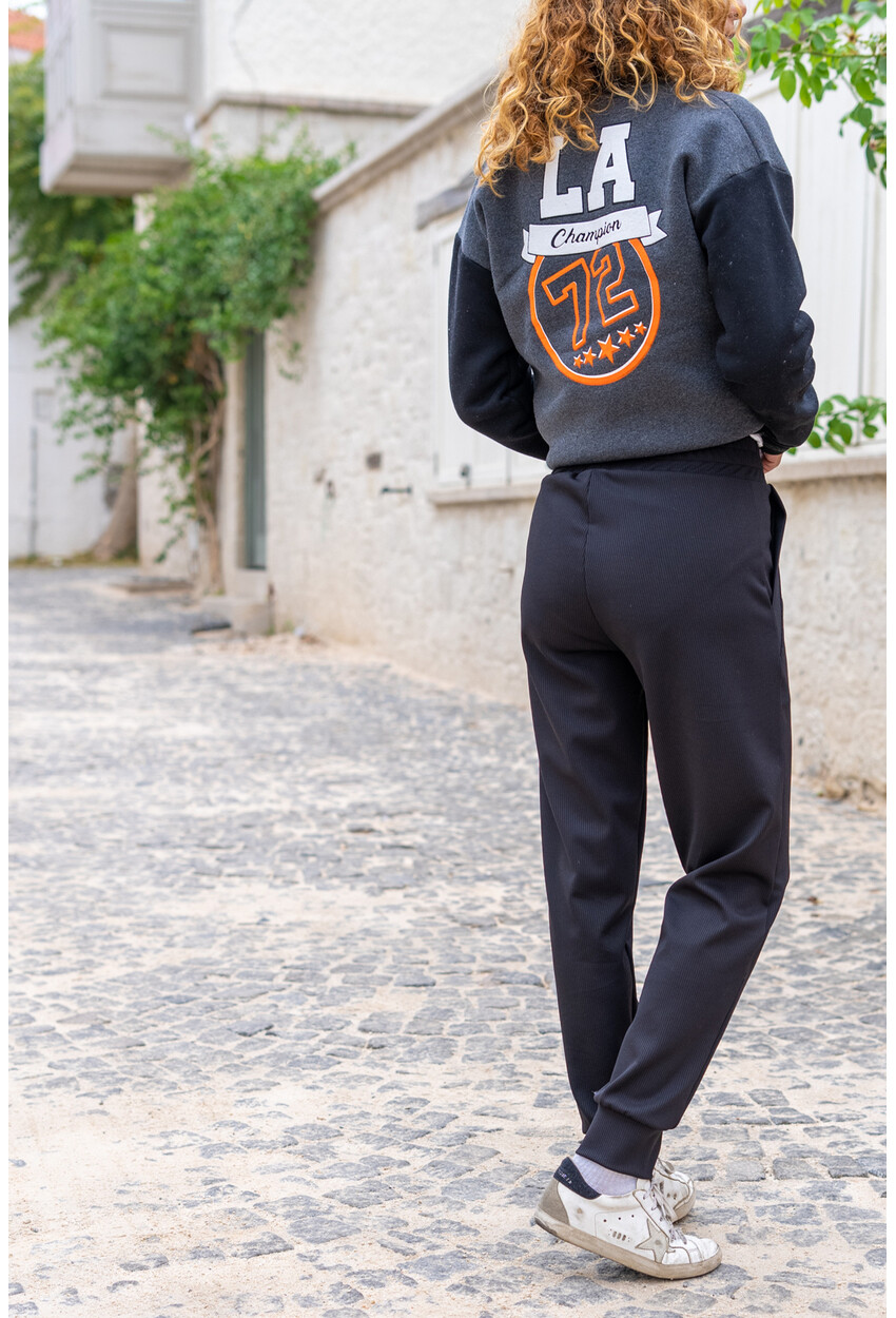 Kadın Siyah Kendinden Dokulu Cepli Beli Paçası Lastikli Jogger Pantolon Bst3325