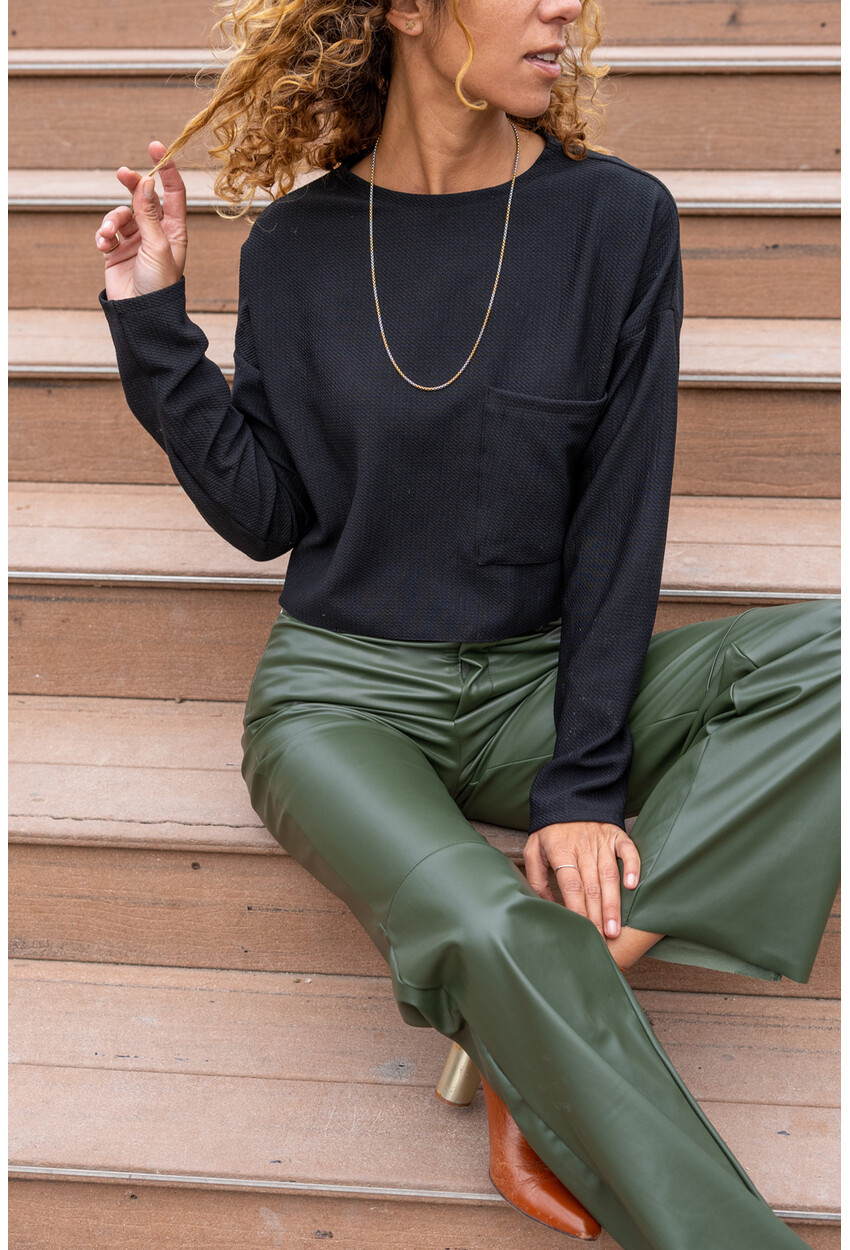 Kadın Siyah Kendinden Dokulu Cepli Crop Salaş Sweatshirt Bst3321