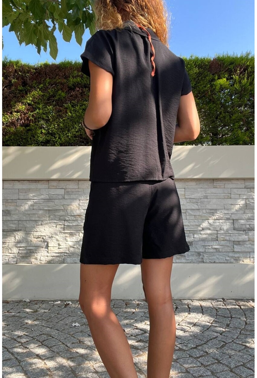 Kadın Siyah Keten Ceket Yaka Düğmeli Kısa Kol Gömlek Şort Takım Bst3402