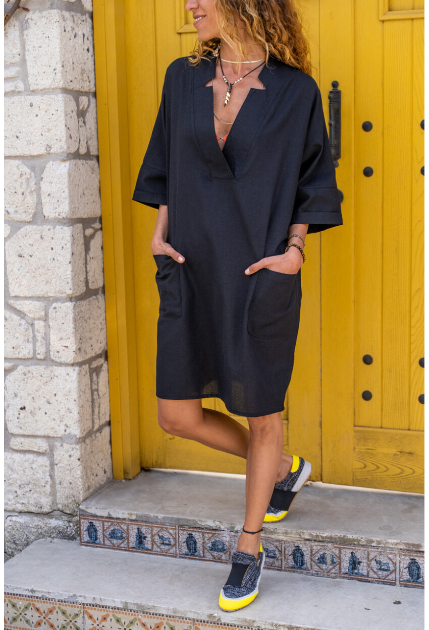 Kadın Siyah Keten V Yaka Cepli Elbise 1St10