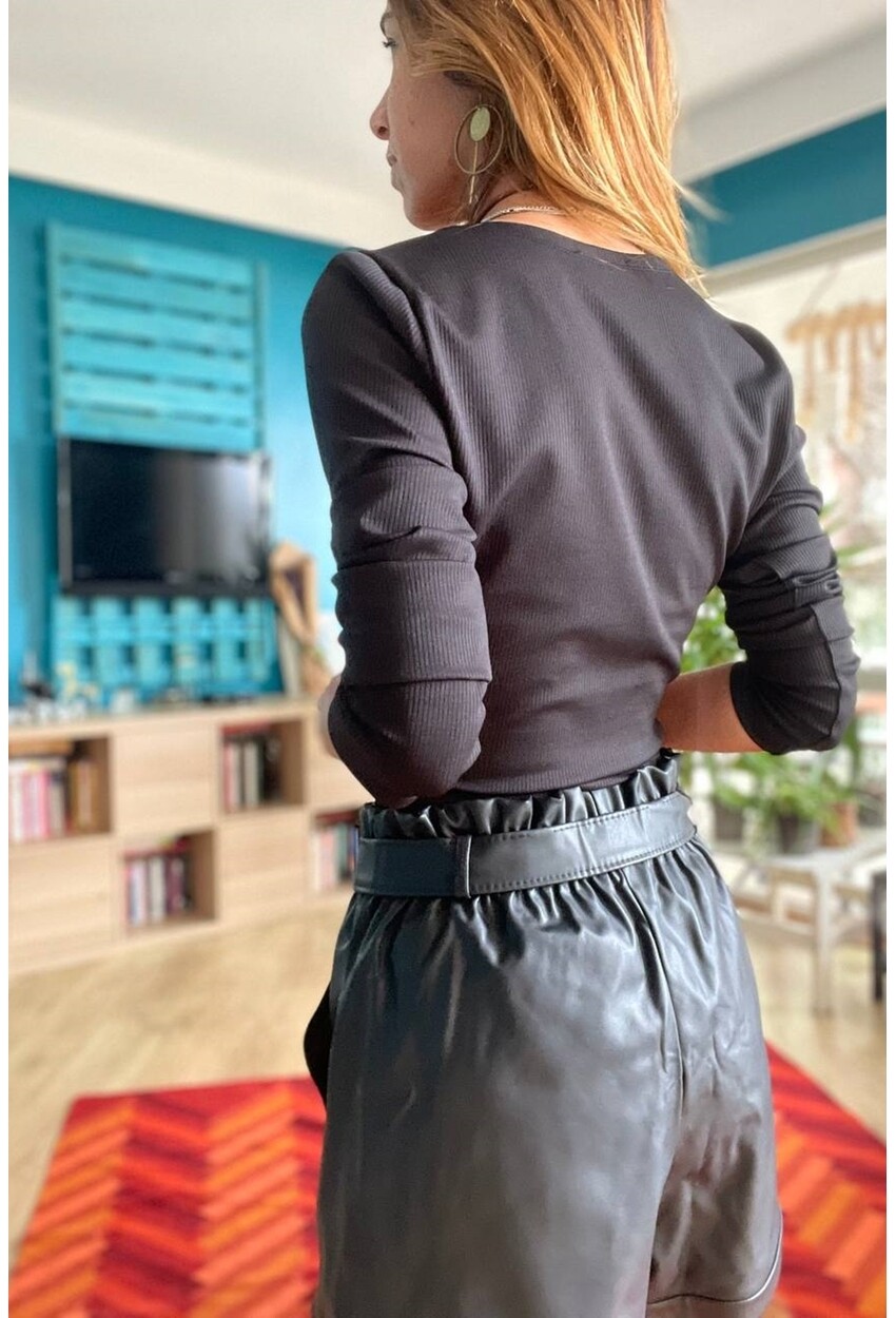 Kadın Siyah Kruvaze Kaşkorse Likralı Crop Bluz Bst3324