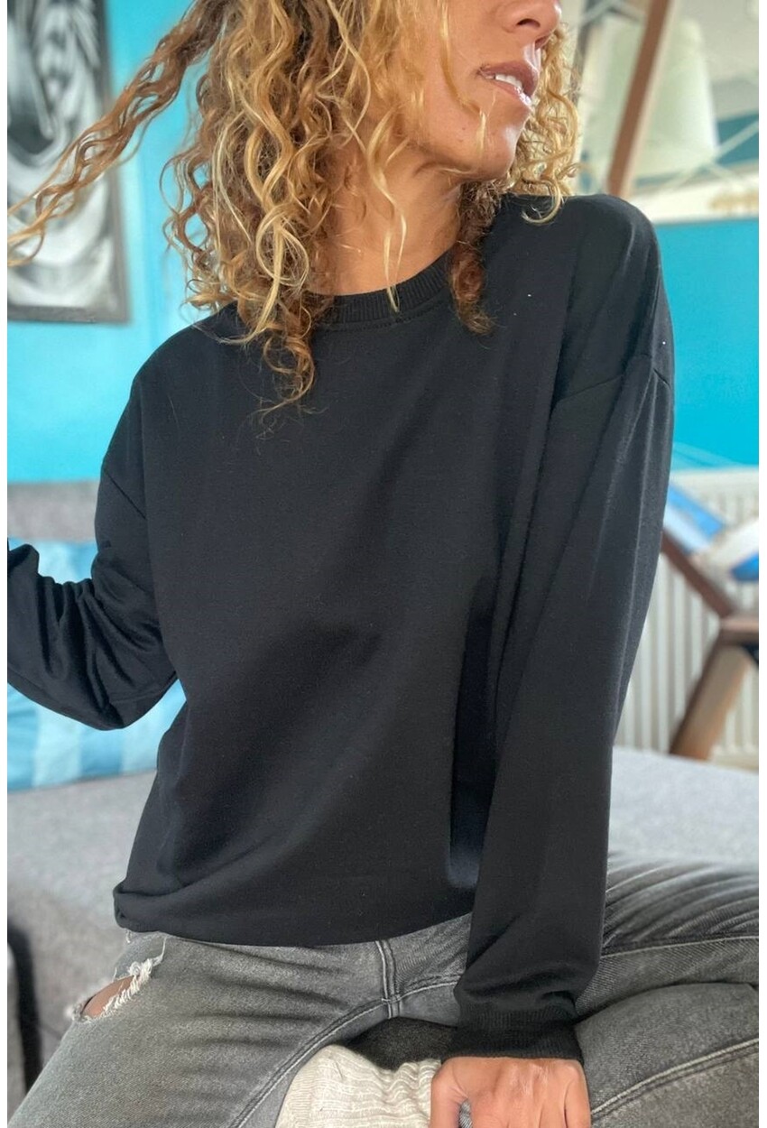 Kadın Siyah O Yaka İki İplik Salaş Basic Sweatshirt Vl2