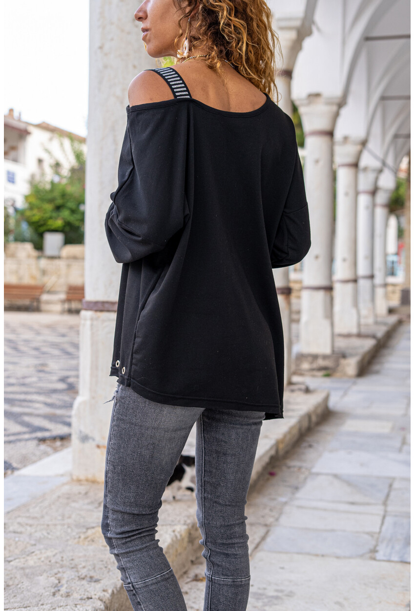 Womens Black Shoulder Tape Studded Asymmetrical Cut Sweatshirt GK-CCK2222