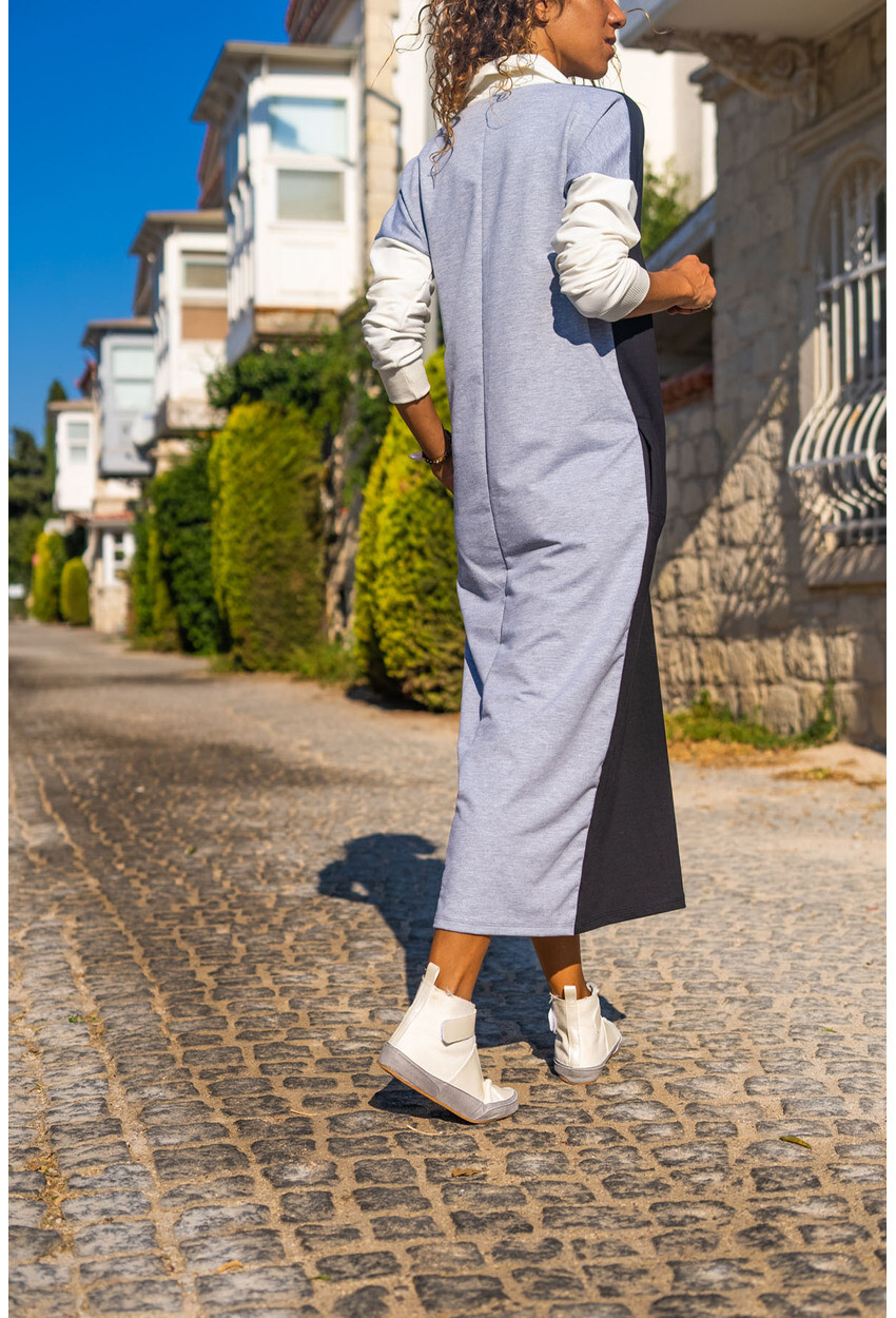 Womens Black Polo Neck Color Block Long Loose Tracksuit Dress GK-TD2014