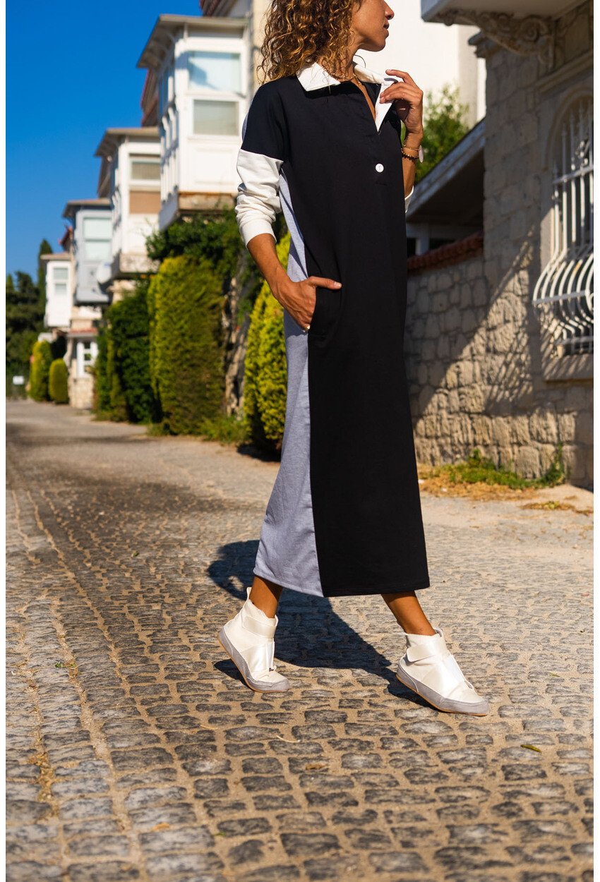 Womens Black Polo Neck Color Block Long Loose Tracksuit Dress GK-TD2014