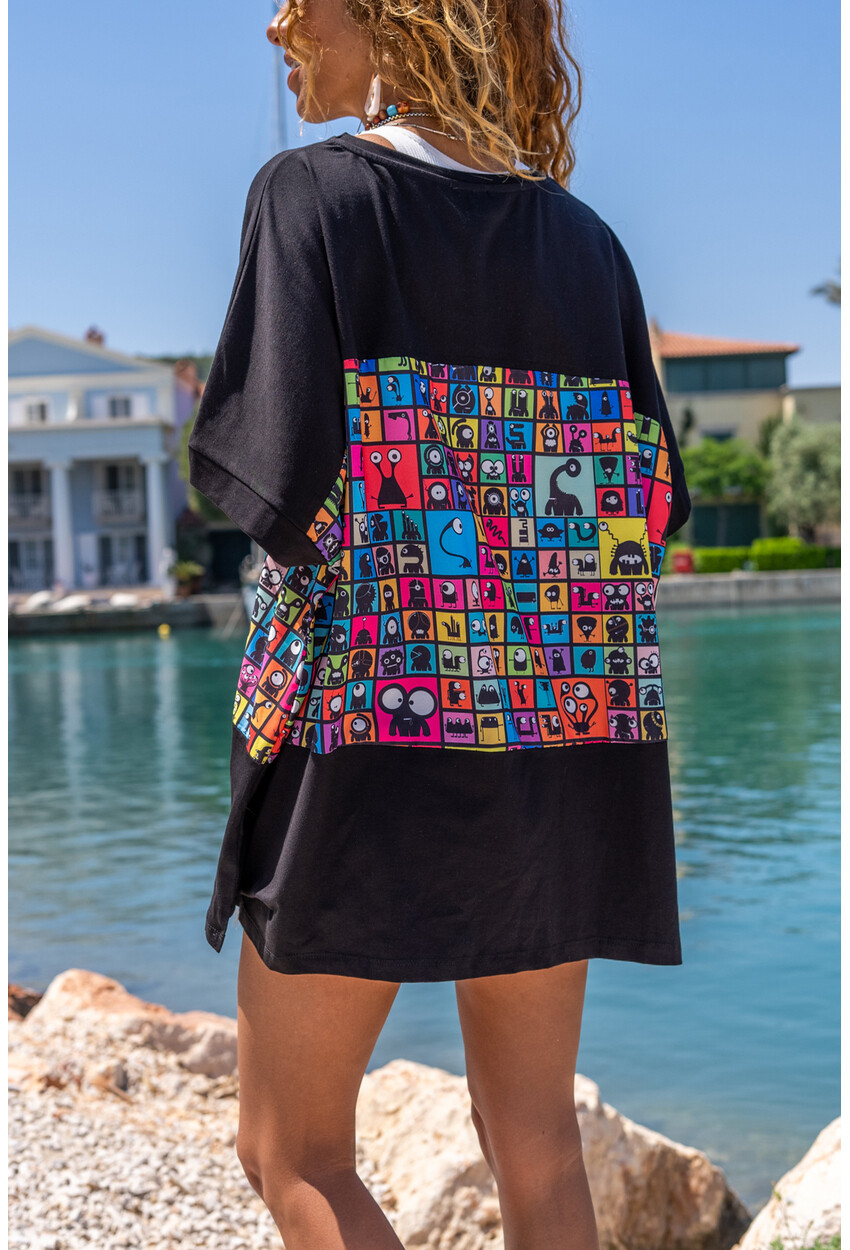 Womens Black Color Printed Loose Asymmetrical T-Shirt Se2