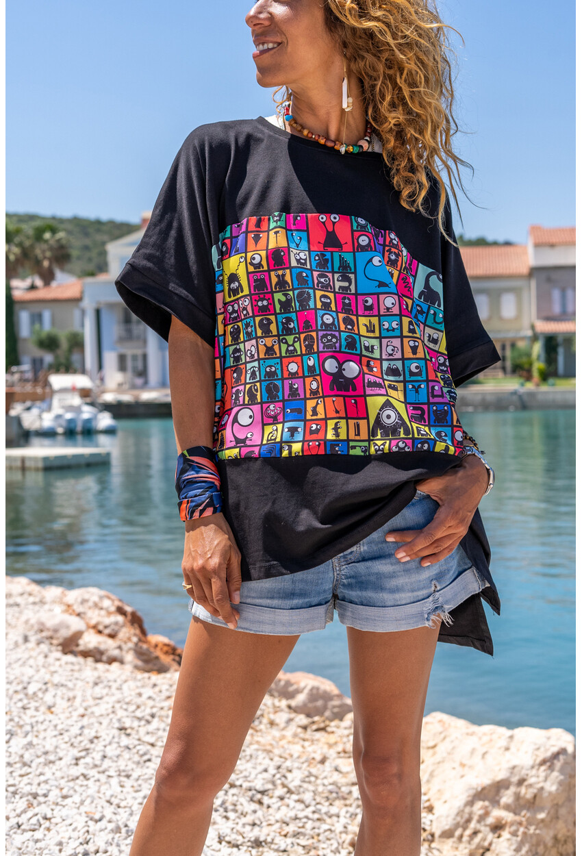Womens Black Color Printed Loose Asymmetrical T-Shirt Se2