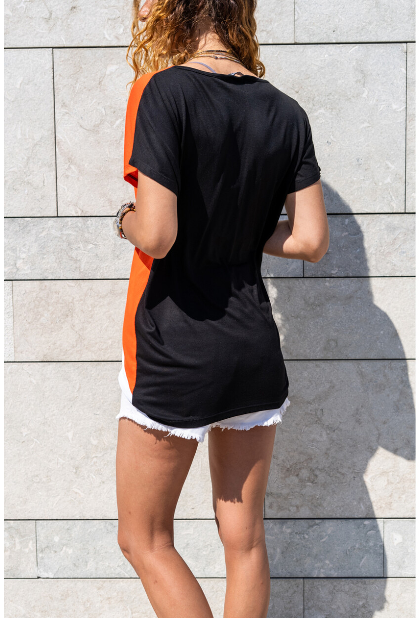 Kadın Siyah-Turuncu Color Block Salaş T-Shirt Gk-Jr402