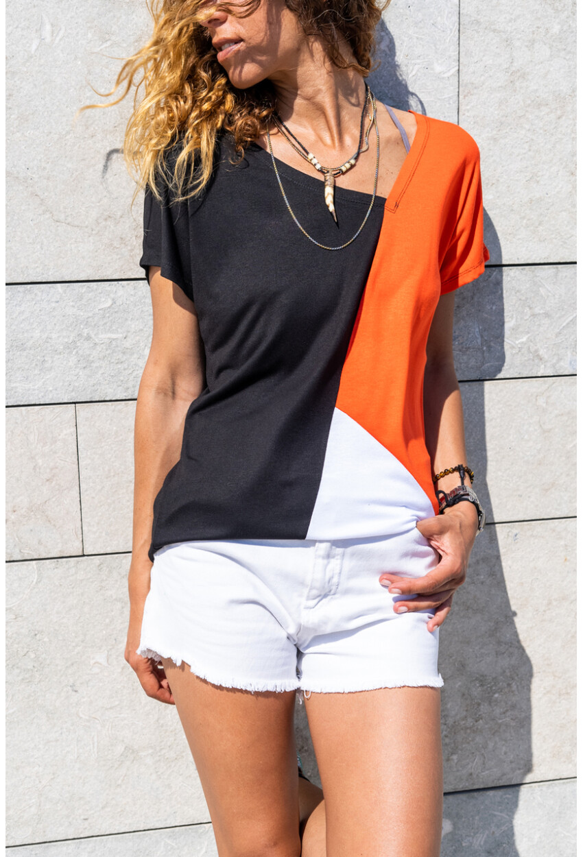Kadın Siyah-Turuncu Color Block Salaş T-Shirt Gk-Jr402
