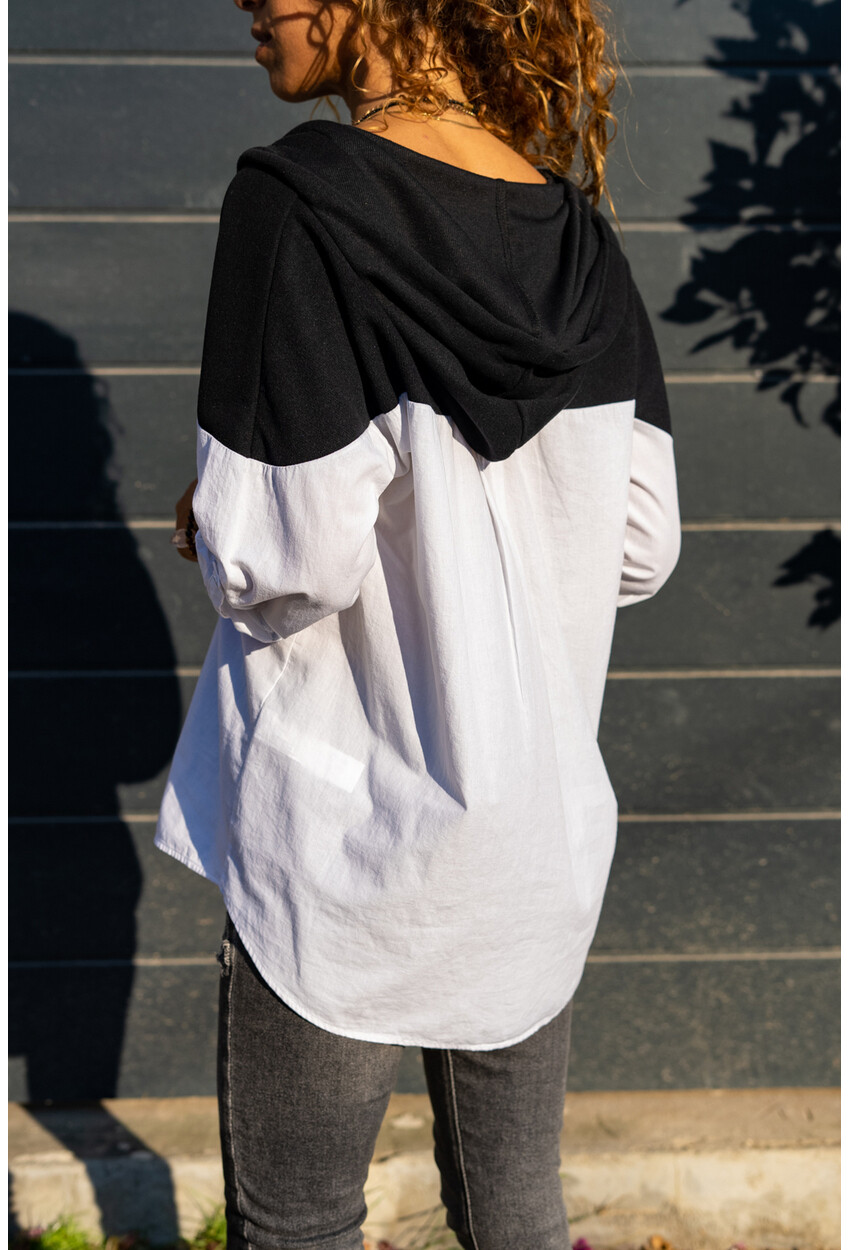 Kadın Siyah Üstü Kapüşonlu Cebi Nakışlı Color Block Poplin Gömlek GK-AYN1864