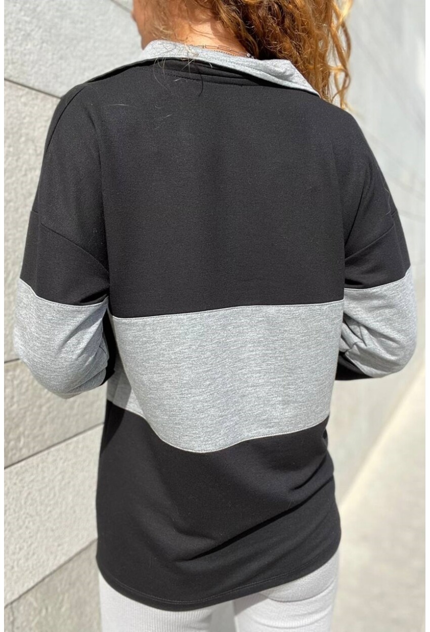Kadın Siyah Yakası Fermuarlı Color Block Polo Yaka Salaş Sweatshirt Bst3471