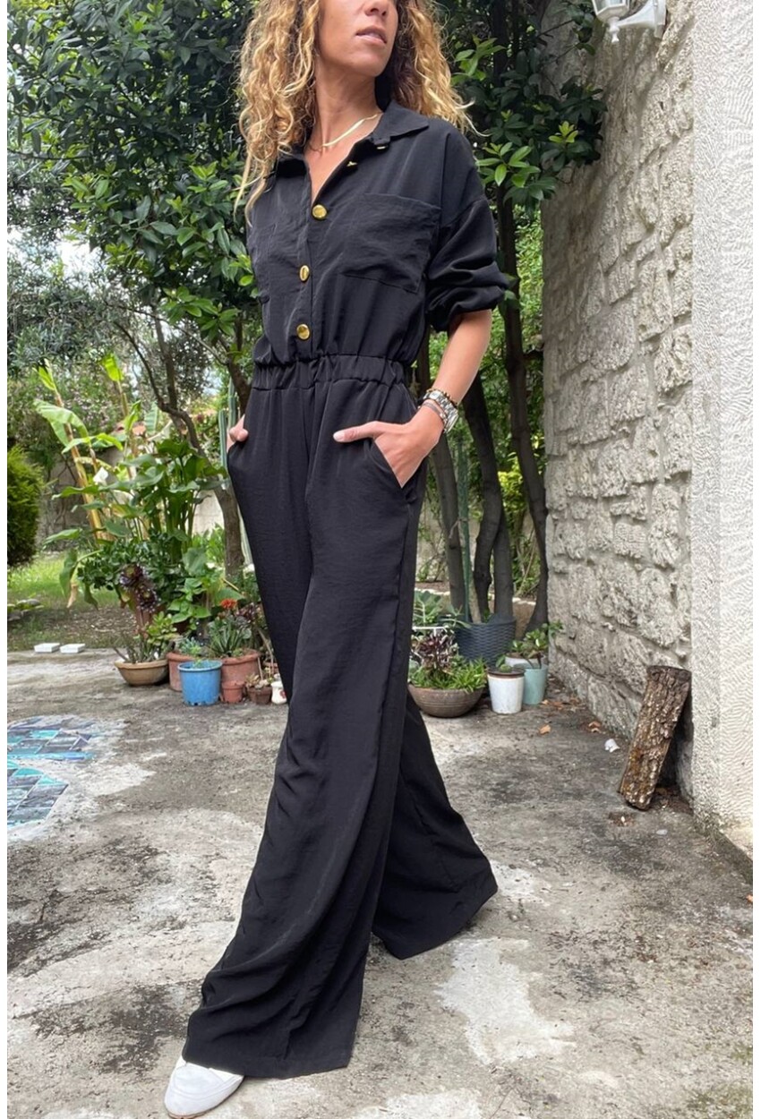 Kadın Siyah Yarım Patlı Beli Lastikli Bol Paça Cepli Salaş Tulum Bst3360