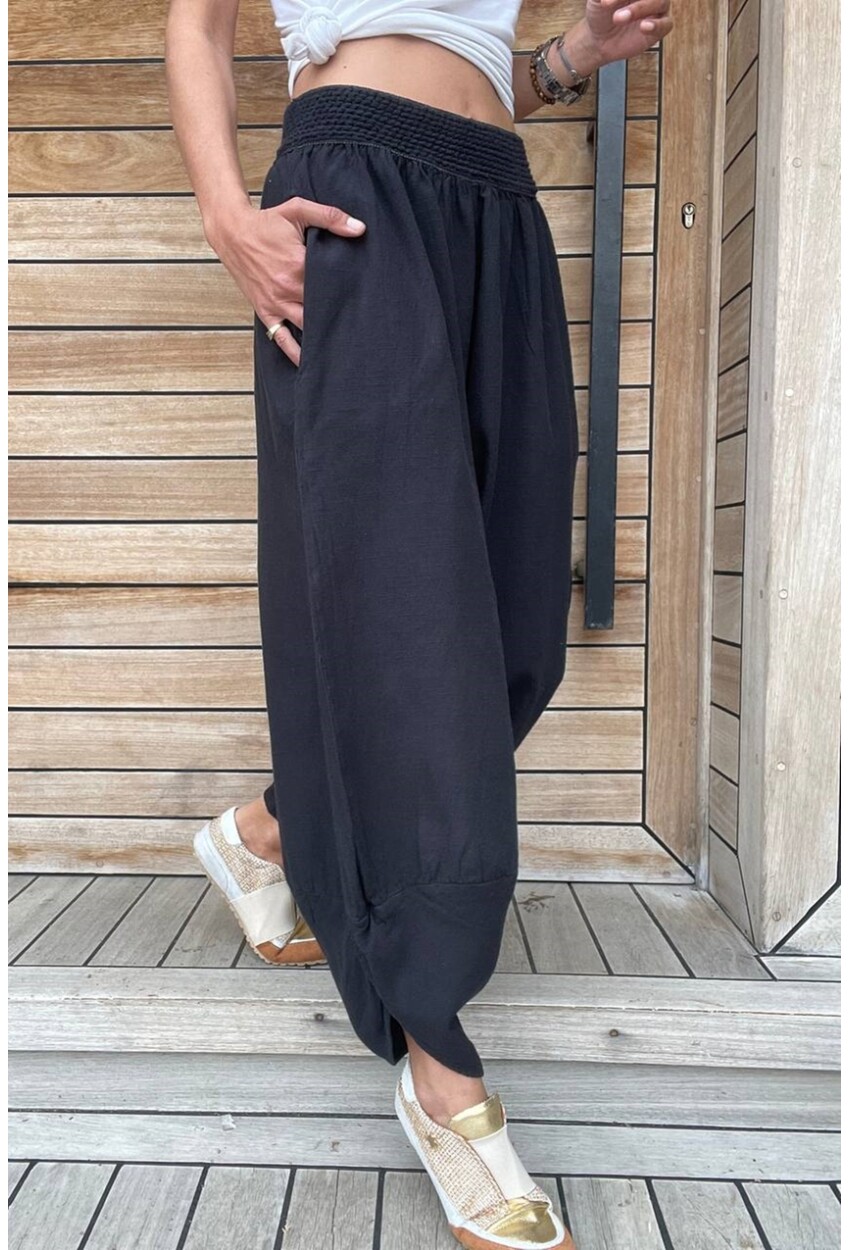 Kadın Siyah Yıkamalı Keten Cepli Beli Lastikli Şalvar Pantolon Rsd58048