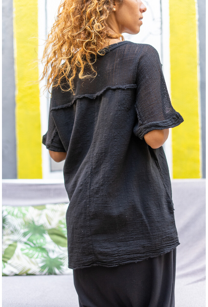 Womens Black Washed Linen Collar Slit Mesh Detailed Loose Blouse RSD2081
