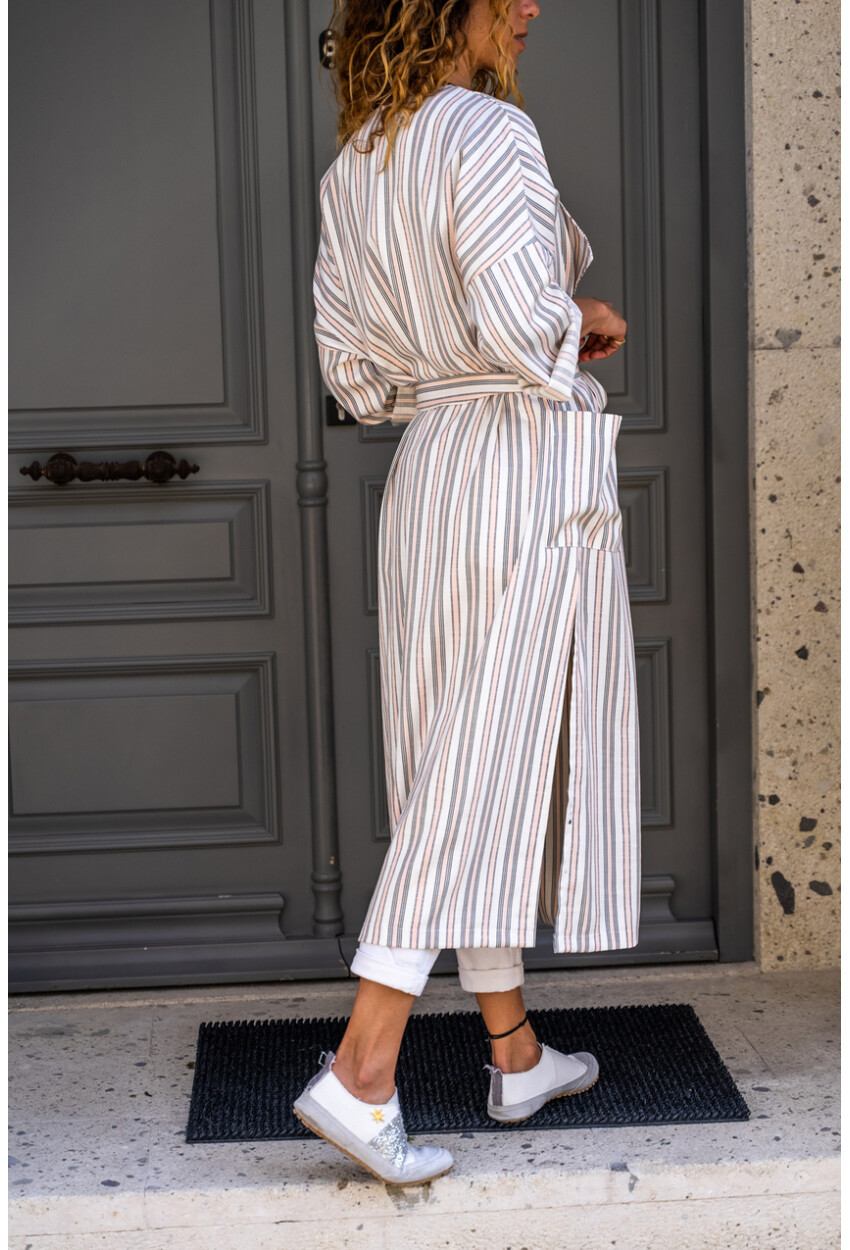 Kadın Somon Keten Şal Yaka Cepli Kendinden Kuşaklı Çizgili Kimono Elbise BST3373