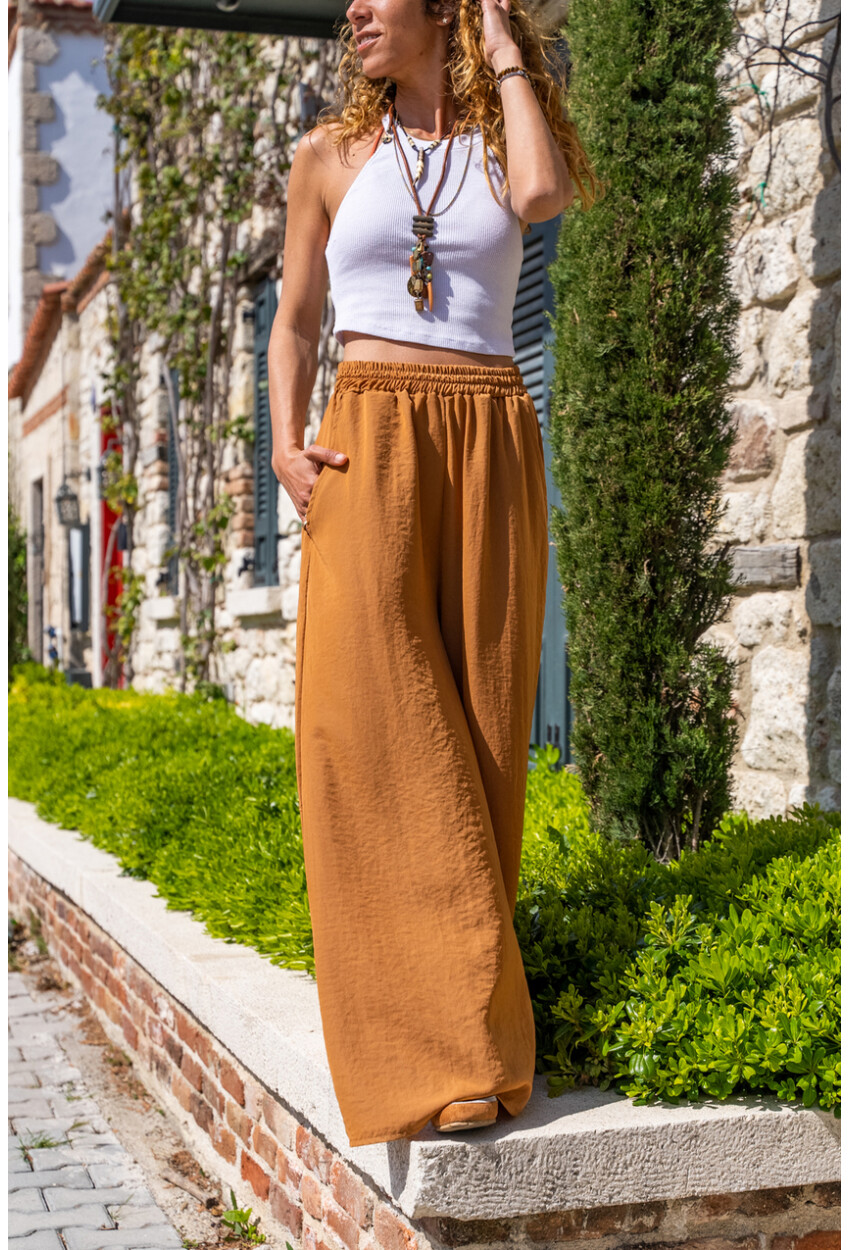 Kadın Taba Beli Lastikli Cepli Bol Paça Yumuşak Dokulu Salaş Pantolon BST3391