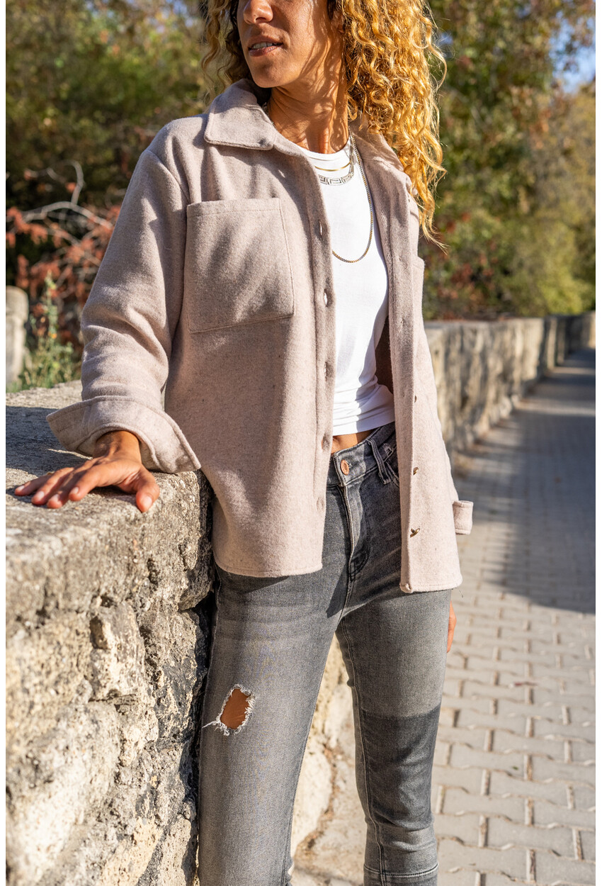 Kadın Taş Kaşe Oversize Çift Cep Ceket Gömlek Bst3275