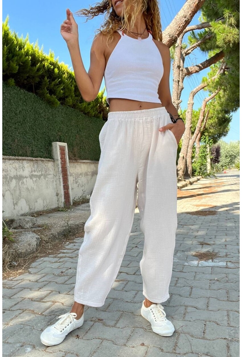 Taş Müslin Beli Lastikli Cepli Salaş Pantolon Bst3416