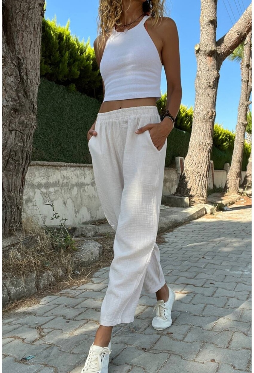 Taş Müslin Beli Lastikli Cepli Salaş Pantolon Bst3416