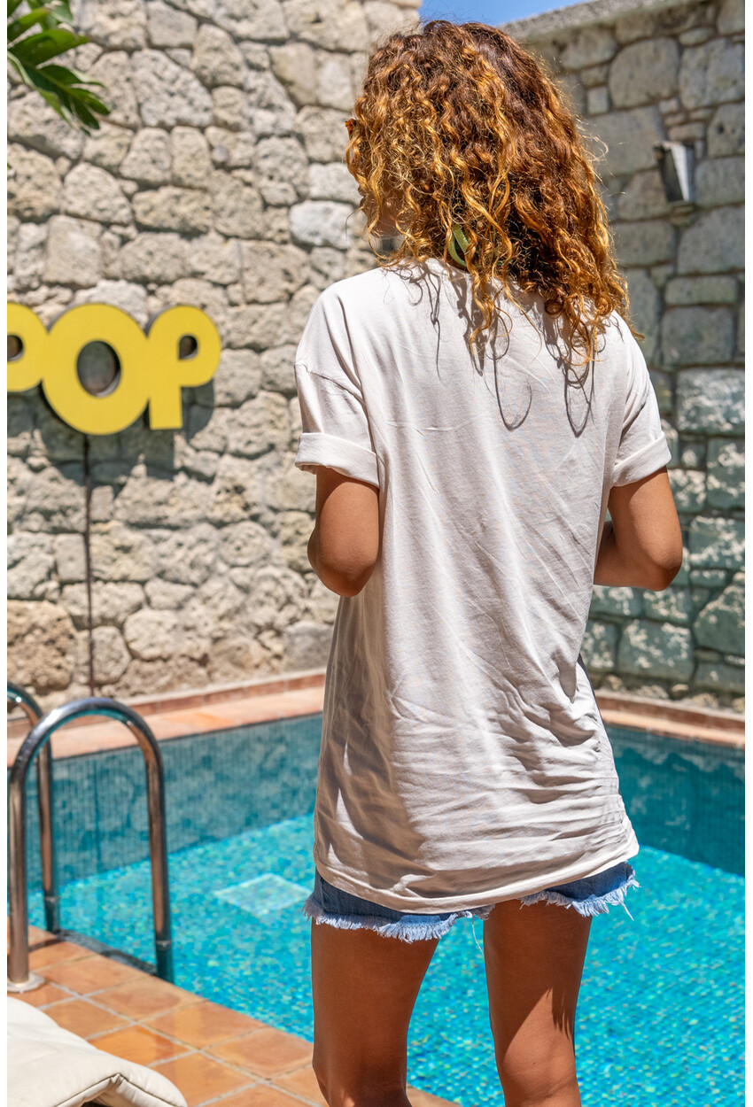 Kadın Taş Palmiye Baskılı Oversize T-Shirt Dv3