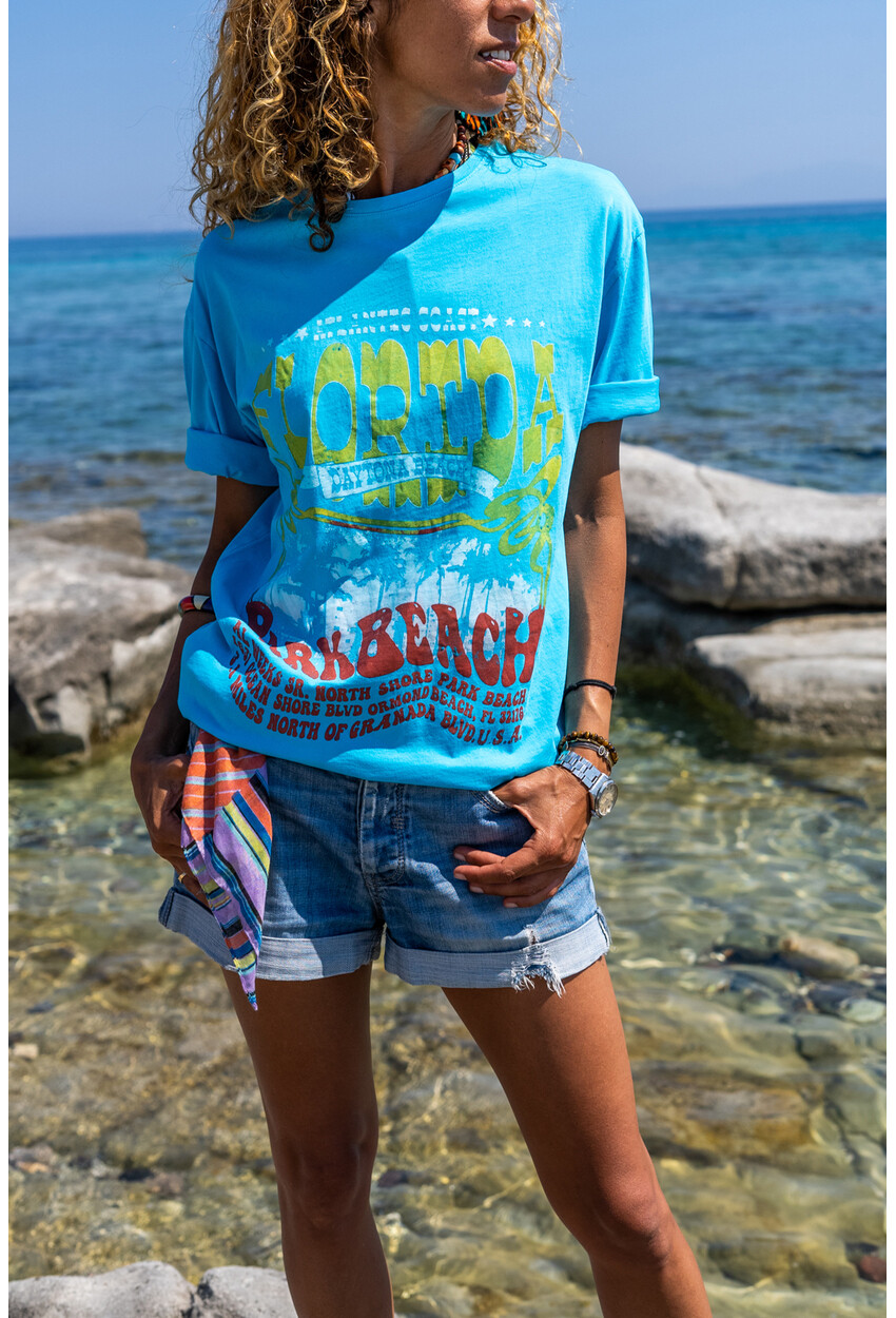 Kadın Turkuaz Renkli Baskılı Oversize T-Shirt Dv2
