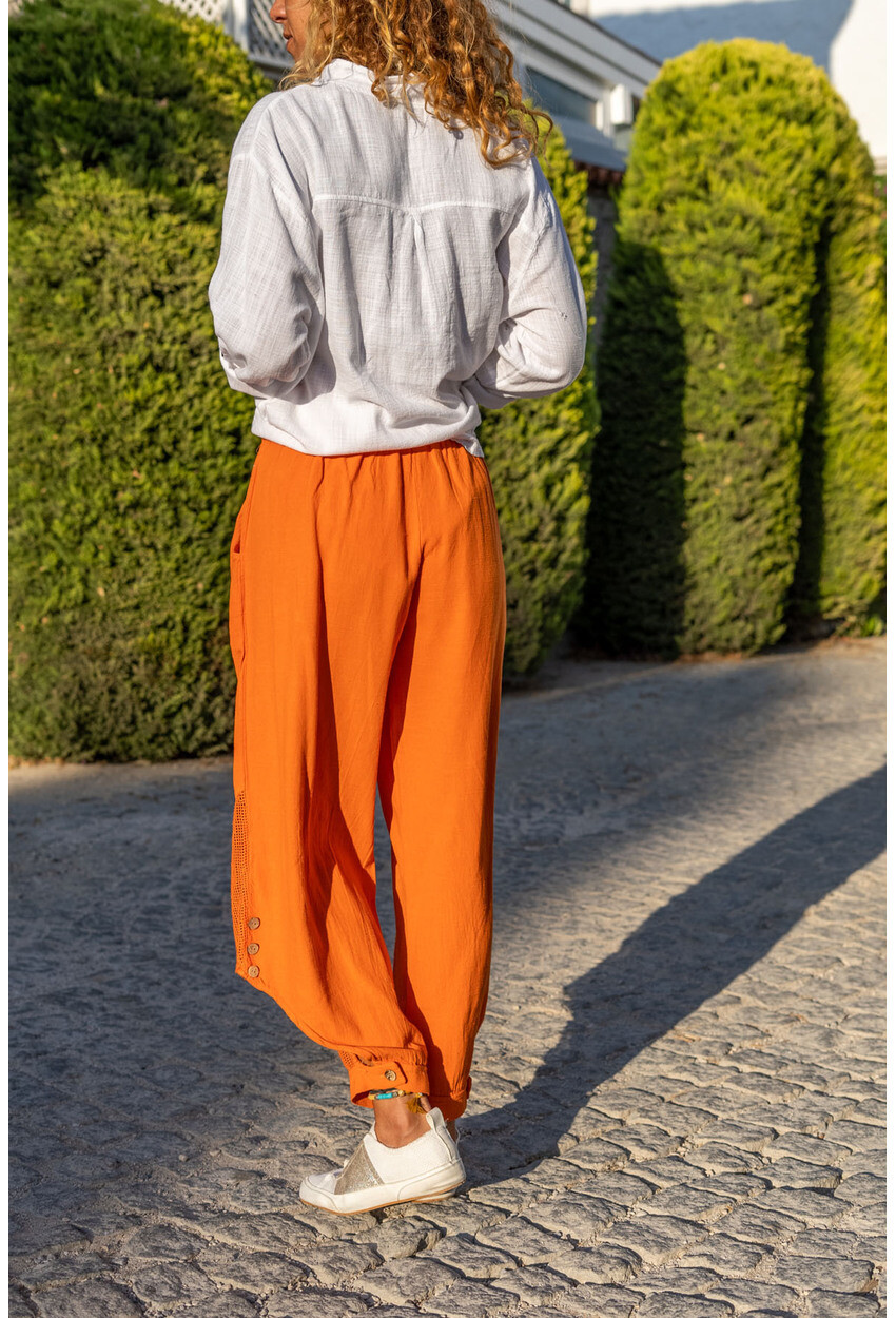 Womens Orange Waist Elastic Waist Buttoned Mesh Linen Shalwar Trousers Rsd3038