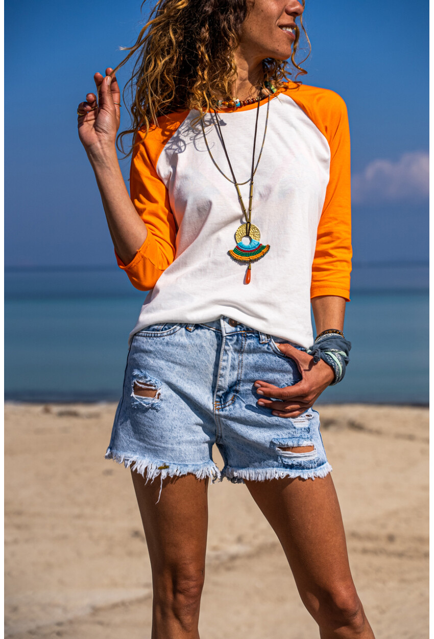 Kadın Turuncu-Beyaz Raglan Kol Color Block Bluz 1St7