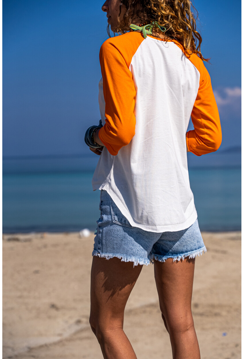 Kadın Turuncu-Beyaz Raglan Kol Color Block Bluz 1St7