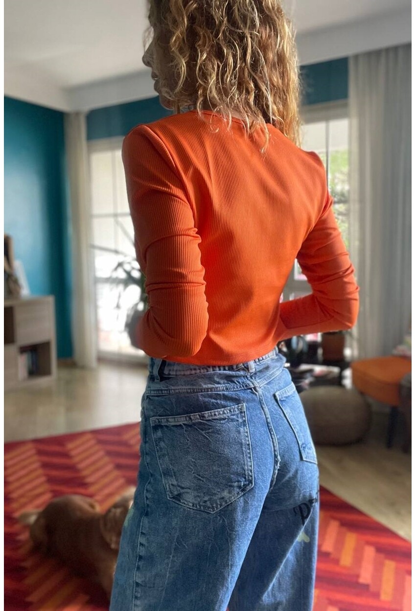 Kadın Turuncu Fermuarlı Kaşkorse Likralı Crop Bluz Bst3323
