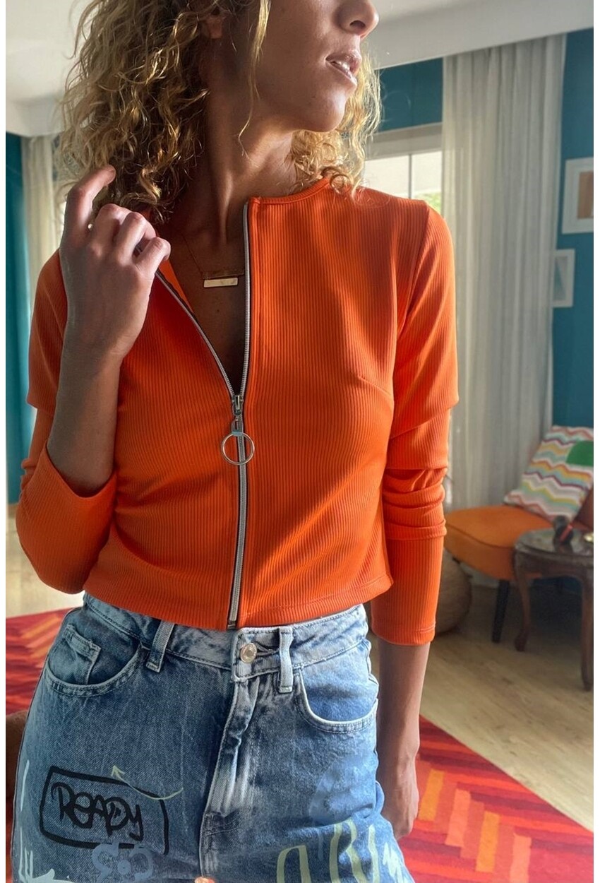 Kadın Turuncu Fermuarlı Kaşkorse Likralı Crop Bluz Bst3323