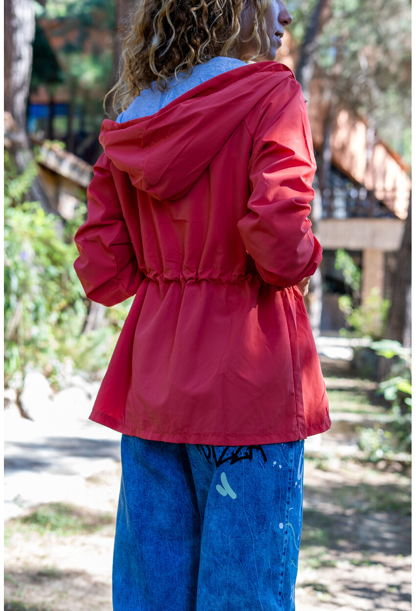 Kadın Turuncu Kapüşonlu Beli Büzgülü Fermuarlı Cepli Yağmurluk Rm2999