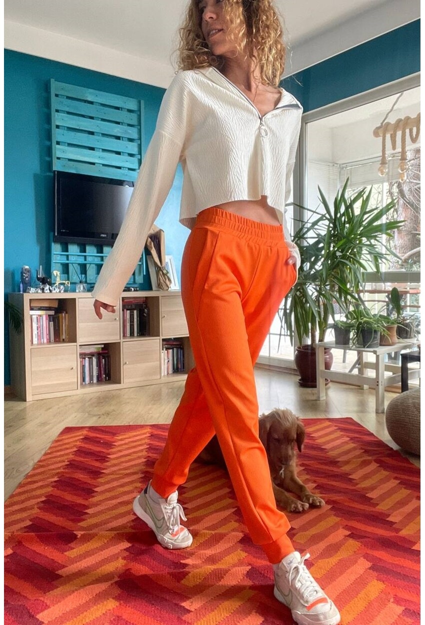 Kadın Turuncu Kendinden Dokulu Cepli Beli Paçası Lastikli Jogger Pantolon Bst3325