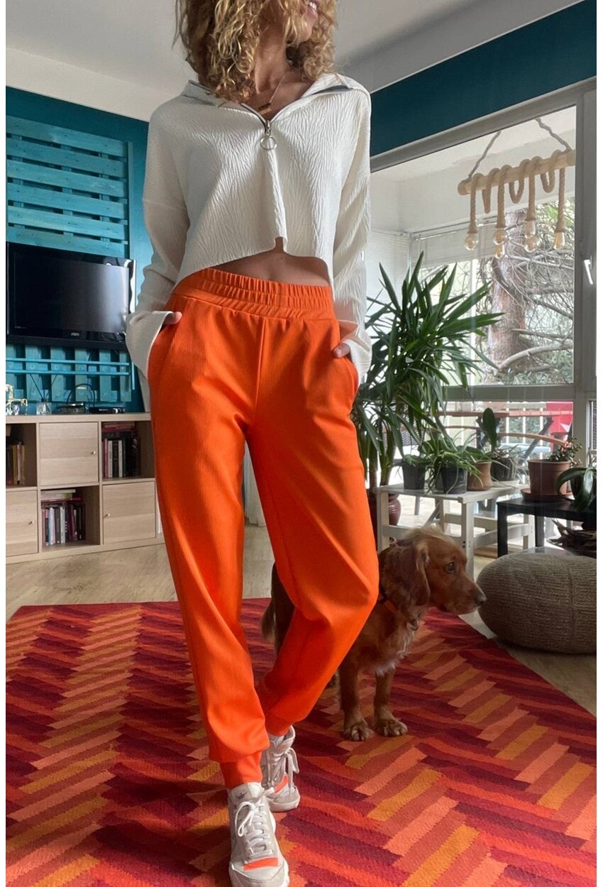 Kadın Turuncu Kendinden Dokulu Cepli Beli Paçası Lastikli Jogger Pantolon Bst3325