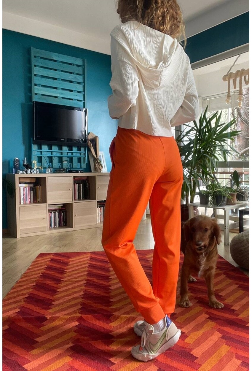 Kadın Turuncu Kendinden Dokulu Cepli Beli Paçası Lastikli Jogger Pantolon Bst3325