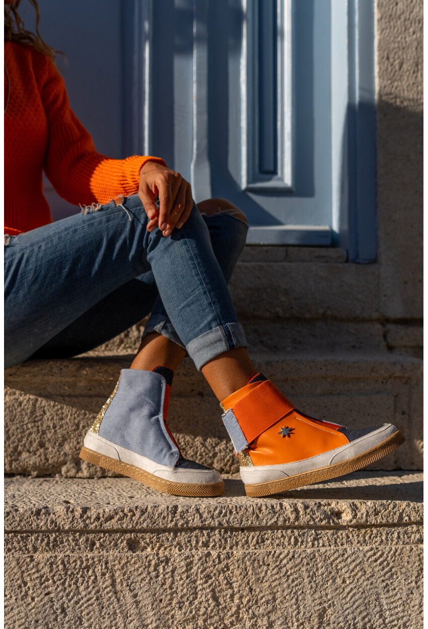 Guki35 Kadın Turuncu-Mavi Günlük Rahat Vegan Different High Top Sneaker Gk-Puppis041