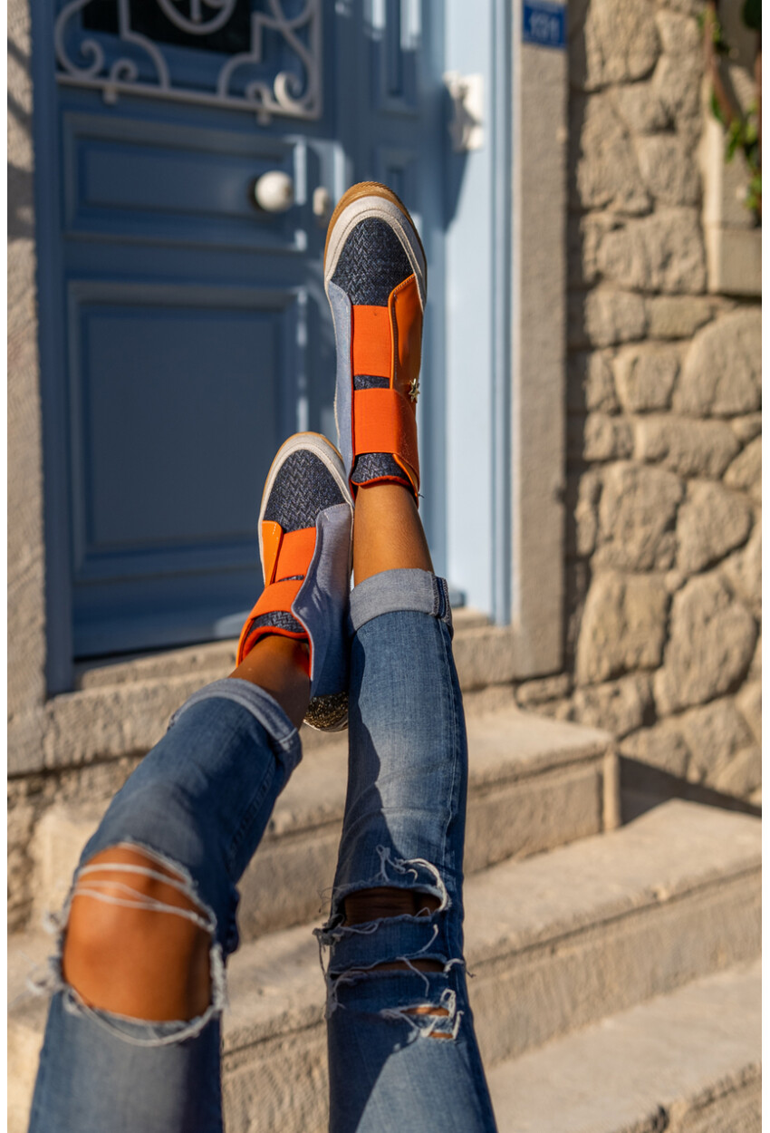 Guki35 Kadın Turuncu-Mavi Günlük Rahat Vegan Different High Top Sneaker Gk-Puppis041