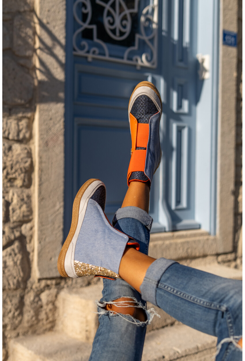 Guki35 Kadın Turuncu-Mavi Günlük Rahat Vegan Different High Top Sneaker Gk-Puppis041
