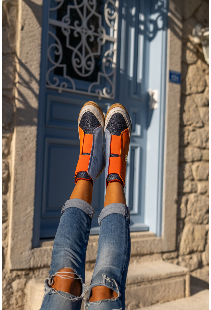 Guki35 Kadın Turuncu-Mavi Günlük Rahat Vegan Different High Top Sneaker Gk-Puppis041