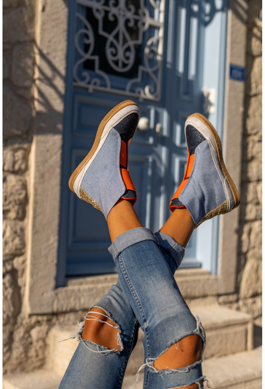 Guki35 Kadın Turuncu-Mavi Günlük Rahat Vegan Different High Top Sneaker Gk-Puppis041
