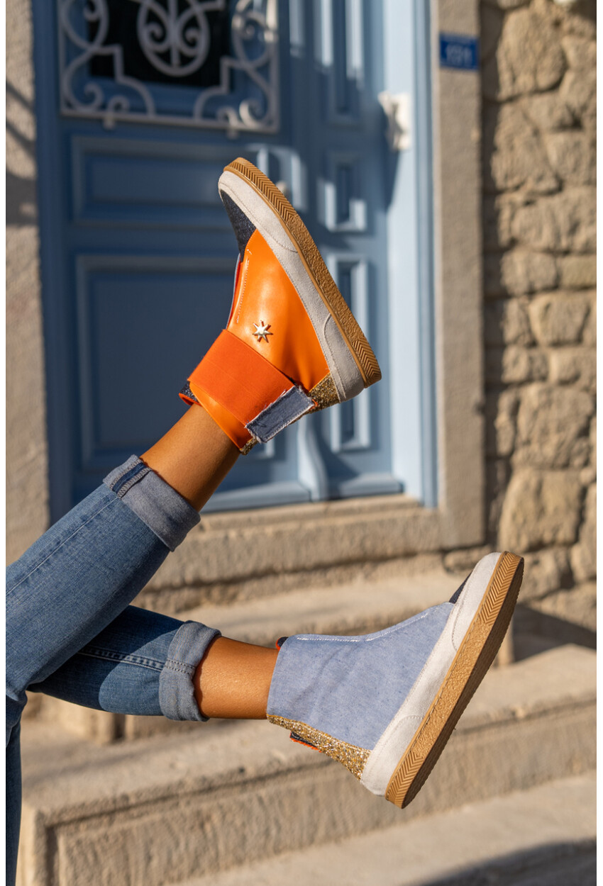 Guki35 Kadın Turuncu-Mavi Günlük Rahat Vegan Different High Top Sneaker Gk-Puppis041