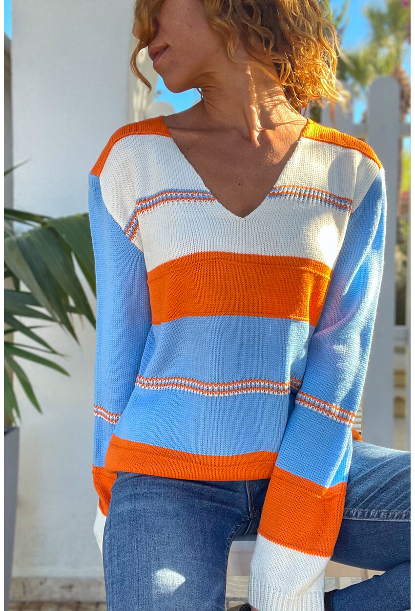 Kadın Turuncu-Mavi V Yaka Color Block Salaş Kazak Cck1705