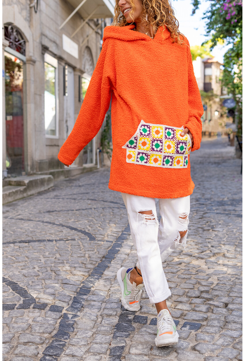 Kadın Turuncu Özel Dokulu Kanguru Cepli Kapüşonlu Oversize Sweatshirt Bst3305