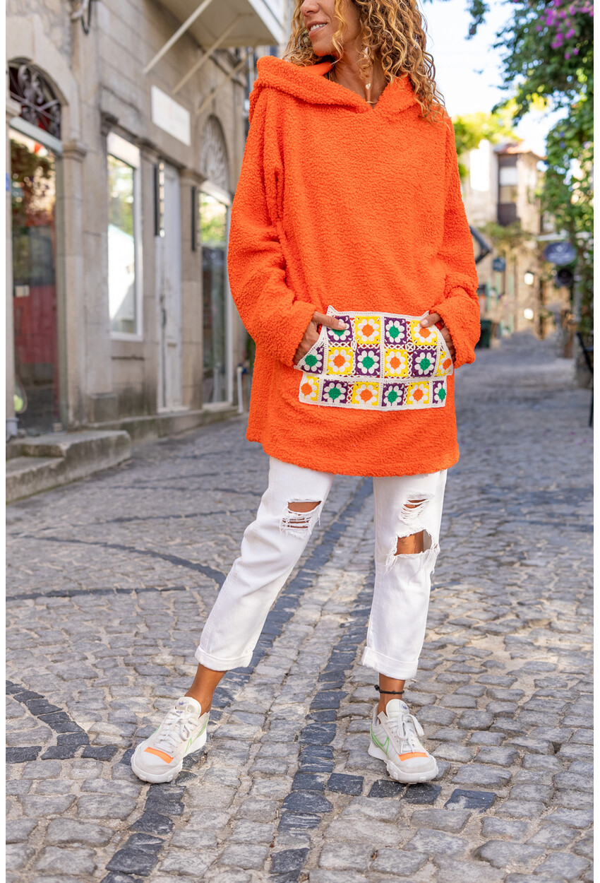 Kadın Turuncu Özel Dokulu Kanguru Cepli Kapüşonlu Oversize Sweatshirt Bst3305