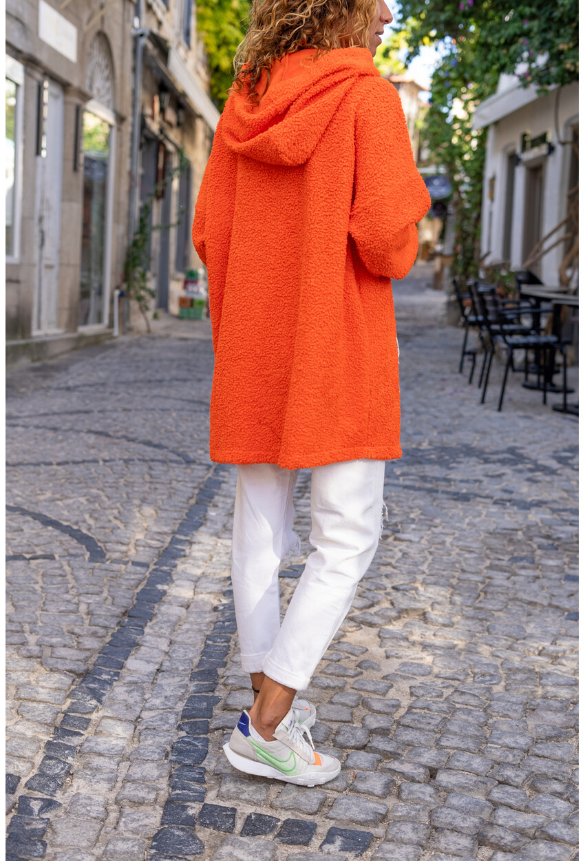 Kadın Turuncu Özel Dokulu Kanguru Cepli Kapüşonlu Oversize Sweatshirt Bst3305