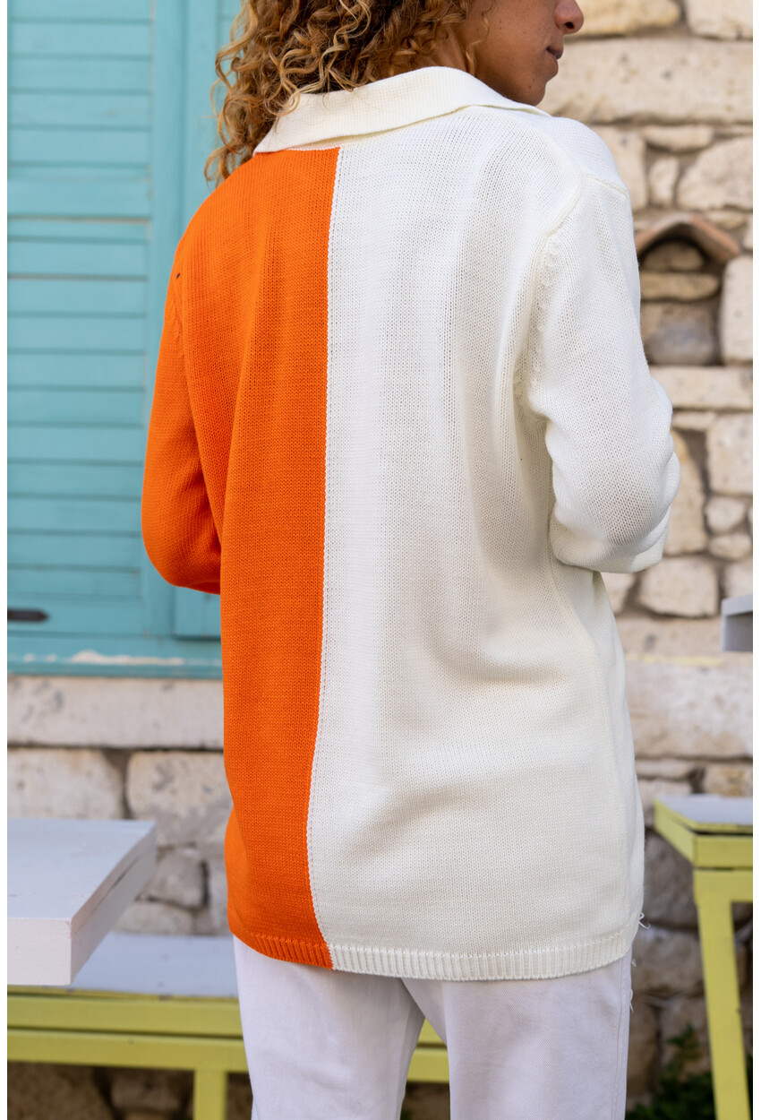 Kadın Turuncu Polo Yaka Color Block Salaş Kazak Cck1492