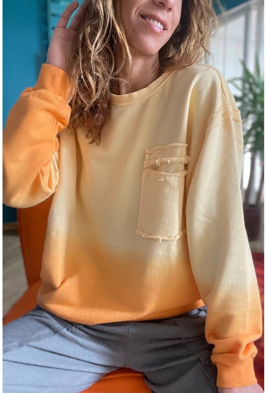 Kadın Turuncu Yıkamalı Degrade Yırtık Cep Detaylı Oversize Salaş Sweatshirt Rsd3063